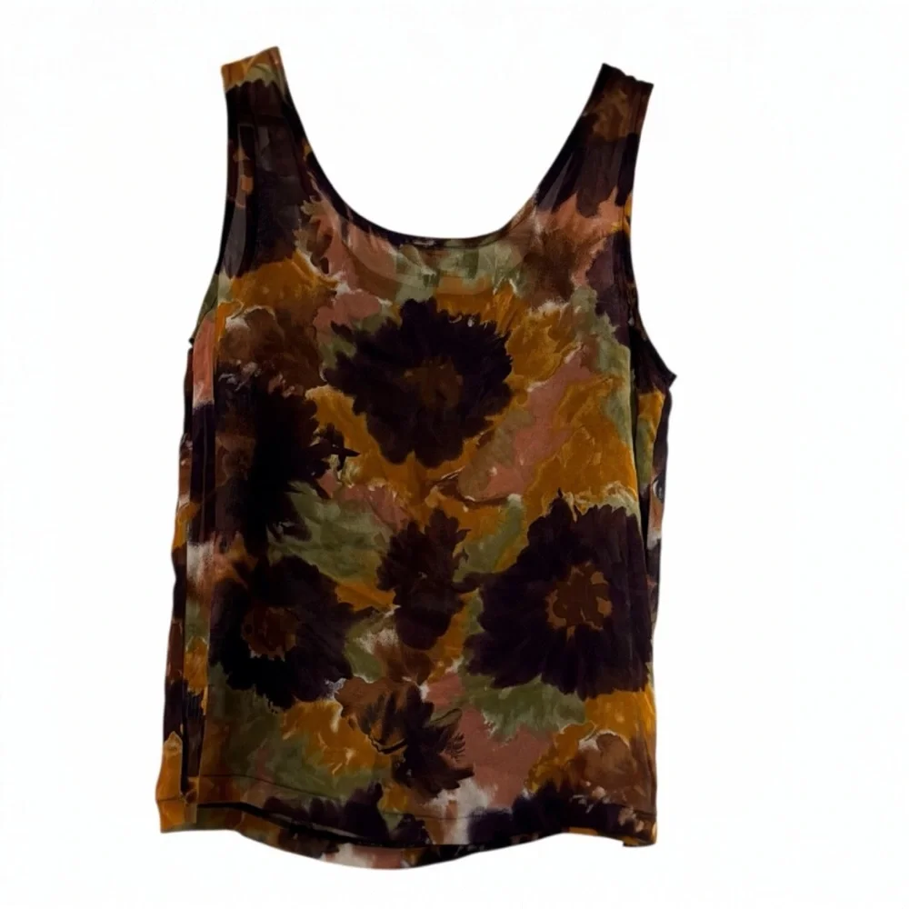 Vintage Buttoned Up Abstract Floral Rayon Tank Top L Brown Orange - Picture 2 of 5